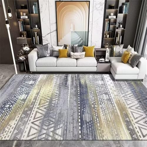 Tapis de salon lavable 180x250cm gris et bleu géométrique
