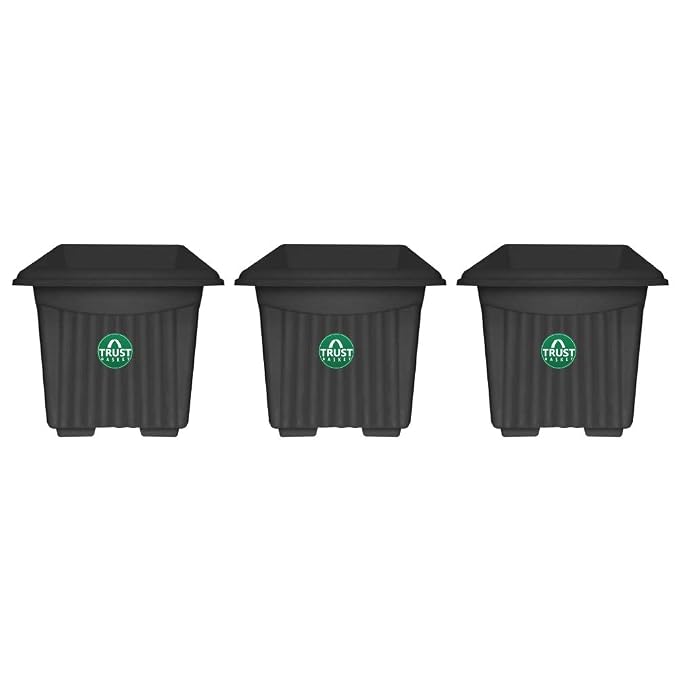 TrustBasket UV Treated Square Plastic Planter (12 inches) - Black Color- Set of 3 | Heavy Duty Highly Durable Plant Container Gamla for Indoor Home Decor & Outdoor Balcony Garden