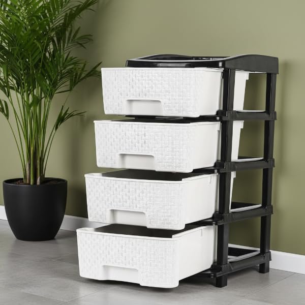 Image of KITCHIVO Plastic Modular Drawer Storage Chest Of Drawers Organizer Storage Box, Large Stomo Racks For Multipurpose Anti-slip Shoes Organizers (White & Black, 4 Layer)