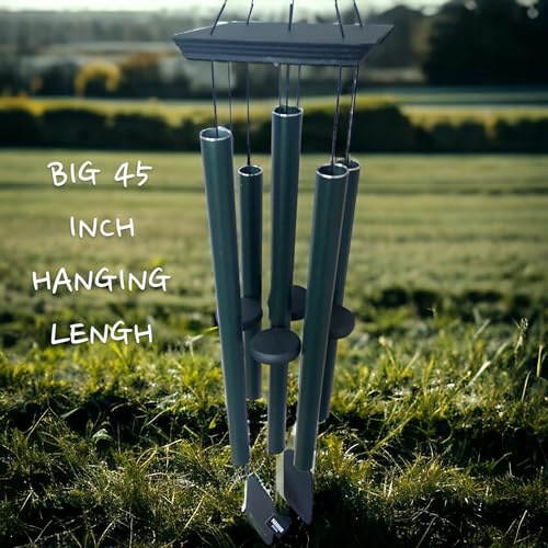 Image of Paradigm Pictures 45 inch Big Wind Chimes for Home Balcony Positive Energy- Positive Energy Items (Black 5 Pipe Wind Chime) (Army Green Wood)
