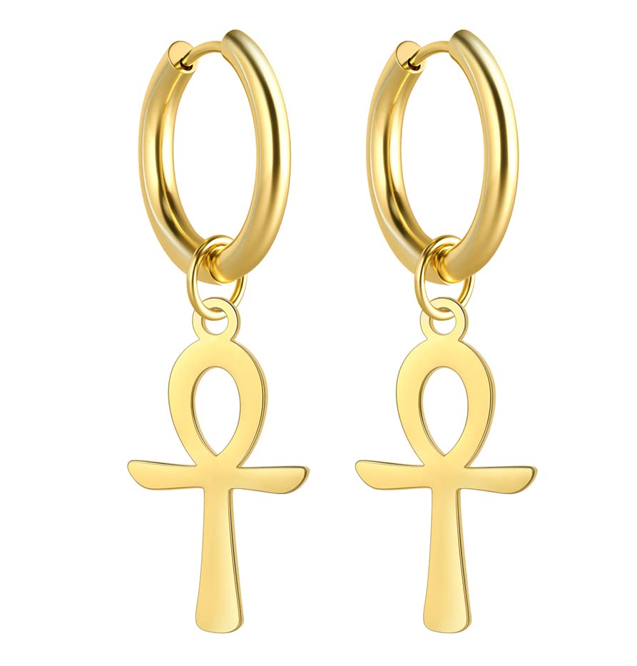 VASSAGO egipcio Ankh Cruz cuelga los pendientes de aro de acero inoxidable llave de la vida amuleto clásico Cruz joyería para hombres mujeres (Oro)