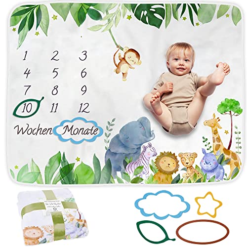 ODOXIA Baby Meilenstein Decke auf Deutsch | Monatsdecke Baby Junge & Mädchen, Unisex | Motiv Safari | Personalisiertes Neugeborenen-Geschenk für Mütter | Babydecke | Meilensteindecke und Rahmen