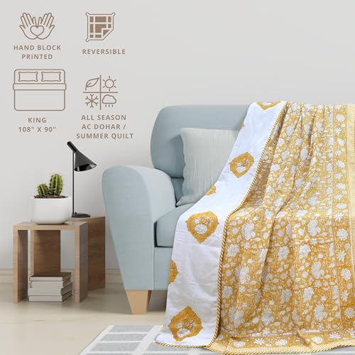 Image of TOAIArt Premium Jaipuri Dohar | AC Blanket Summer Quilt | Hand Block Printed | 3 Layers | Reversible | 150GSM 100% Mulmul Cotton| 100% Cotton Flannel Filling |King 108 inch X 90 inch|Light Mustard Kalamkari