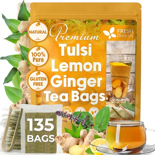 Image of FreshDrinkUS, Premium 135 Tulsi Lemon Ginger Tea Bags, 100% Natural & Pure from Tulsi Holy Basil Leaves, Lemon and Ginger. Made with Natural Material Tea Bags. No Sugar, No Caffeine, Vegan.
