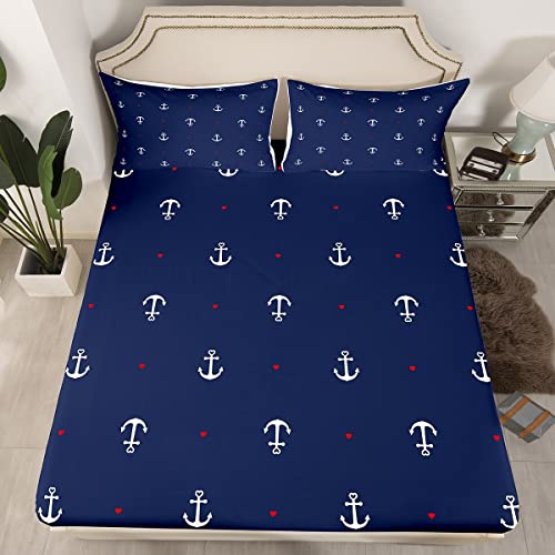Anchor Printed Bed Sheet Queen Set Red Heart Pattern Sheets Sets Adults Bedroom Decor Nautical Anchor Microfiber Bedding Set With Flat,Fitted Sheet,2 Pillow Cases #TOP1