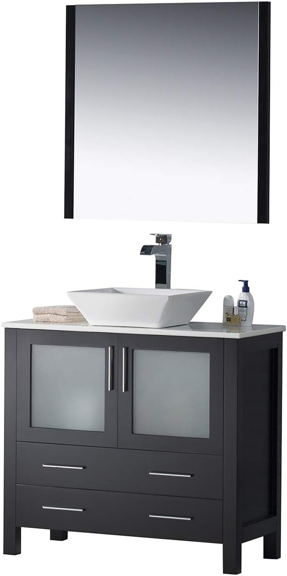 Blossom 36” Bathroom Vanity with Ceramic Vessel Sink and Mirror – Solid Wood, Soft Close Drawers, Ample Storage, Durable Build - Modern Storage Cabinet for Small & Large Bathrooms - Espresso