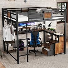 Industrial Style Queen Size Loft Bed with L-Shape Desk and Drawers, Metal Loft Bed Frame with Ladders and Clothes Rail, Nosie-Free and No Spring Box Needed