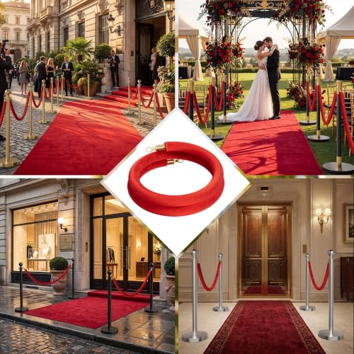 Image of 2PCS Red Velvet Stanchion Ropes 5 Ft Crowd Control Ropes Barrier with Gold Hooks for Party Supplies,Photobooth Accessories, Prom,Birthday,Business,Wedding, Museums