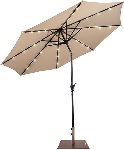 Giantex Paraguas de patio con soporte base, luces LED solares de 11.5ft para exteriores y paraguas de acero de 50 libras con ruedas, 8 varillas de