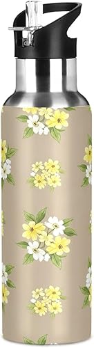 Miniatura 8 de Stainless Steel Vacuum Insulated Water Bottle 20 Oz, Leakproof Water Bottles for Gym Outdoor Travel School, Yellow White Flowers Beige