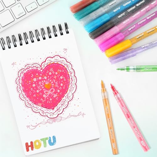 HOTU Glitter Markers Pen，12 Glitter Colors Paint Pens Sparkly Metallic Shimmer Acrylic Marker Fine Point Tip 0.7mm Water-based Ink for Kids Adults DIY Crafts Greeting Birthday Cards — view 6