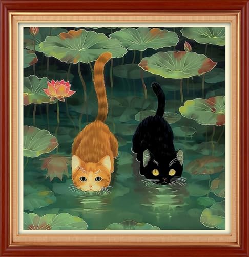 Image of Joyhoor Cross Stitch Kits for Beginners Stamped Cross-Stitch Supplies Needlework preprint Embroidery Kits for Adults DIY Needlepoint Kit Embroidery Patterns 11CT-Cat Pond Fishing 18x18 inch