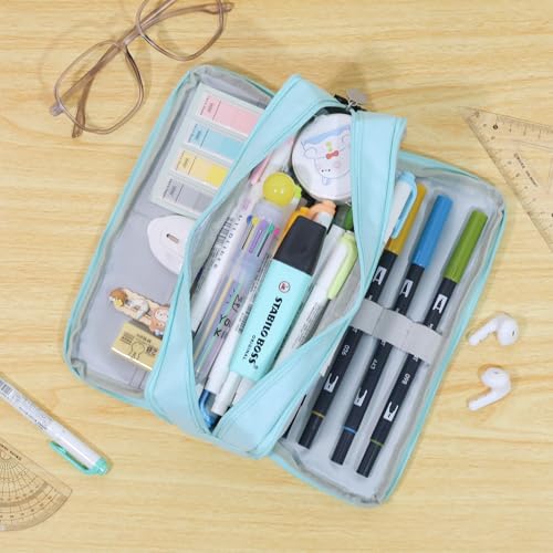 Image of CICIMELON Metal Pencil Case Large Capacity Pencil Pouch 3 Compartments Pencil Bag Gift For Students Girls Adults Women(Light Blue)