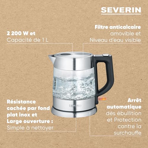 SEVERIN Bouilloire en verre, bouilloire puissante et compacte au design de haute qualité, bouilloire électrique avec filtre à chaux, acier inoxydable/noir, WK 3468