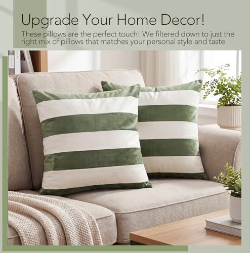 Image of Flutesan 2 Pack Velvet Stripes Throw Pillow Covers - 18x18 Inch Green and White Velvet Pillow Cover Decorative Modern Square Cushion Cases for Sofa Couch Bed Chair Living Room Decor