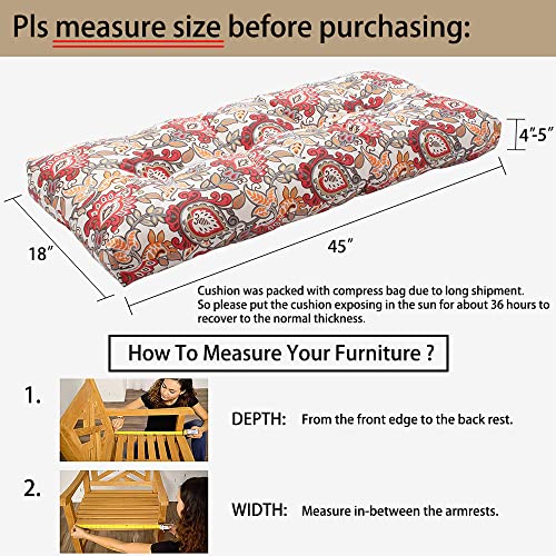 Magpie Fabrics Patio Bench Cushion 45"X18", Indoor/Outdoor Non-Slip Water Resistant Long Seat Pads, Tufted Loveseat Cushion For Swing, Settee, Window, Garden, Wicker, Front Porch (Botanical Red) #TOP2