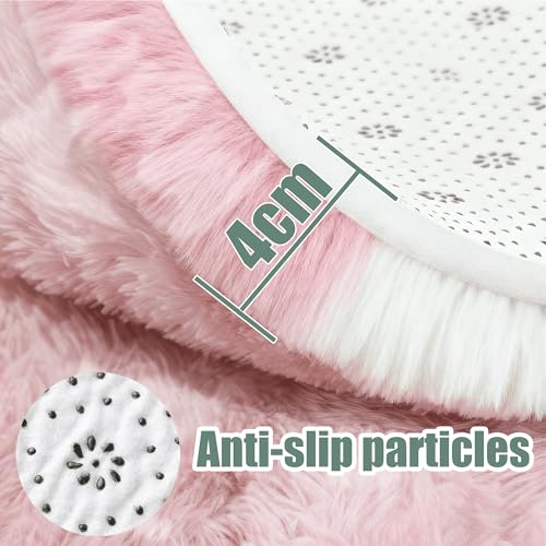 Tapis de chambre shaggy lavable et antidérapant avec poil long épais rose