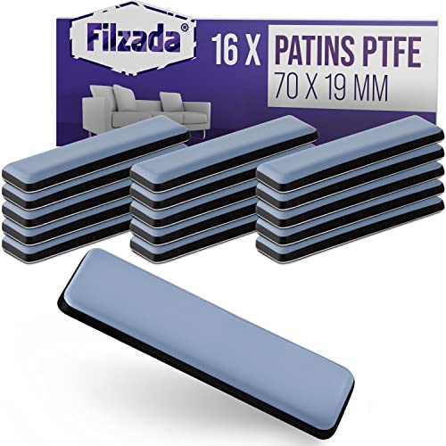 Filzada® 16x Patins Pour Meubles Téflon auto-adhésifs - 70 x 19 mm (carré) - Chaise de Planeur professionnels/Planeur PTFE (Téflon) Cover
