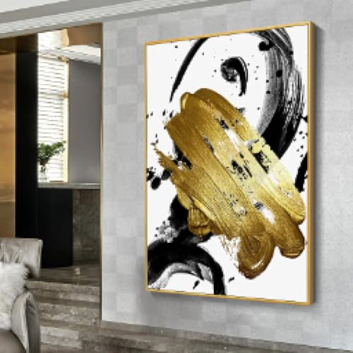 Toile moderne abstraite noir et blanc avec cadre doré 70x105 cm