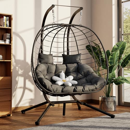Amopatio Dubbel hängstol med ram och kudde, väderbeständig rotting hängande gunga för 2 personer, Mental gungfåtölj för trädgård, balkong, terrass, inomhus, utomhus, svart