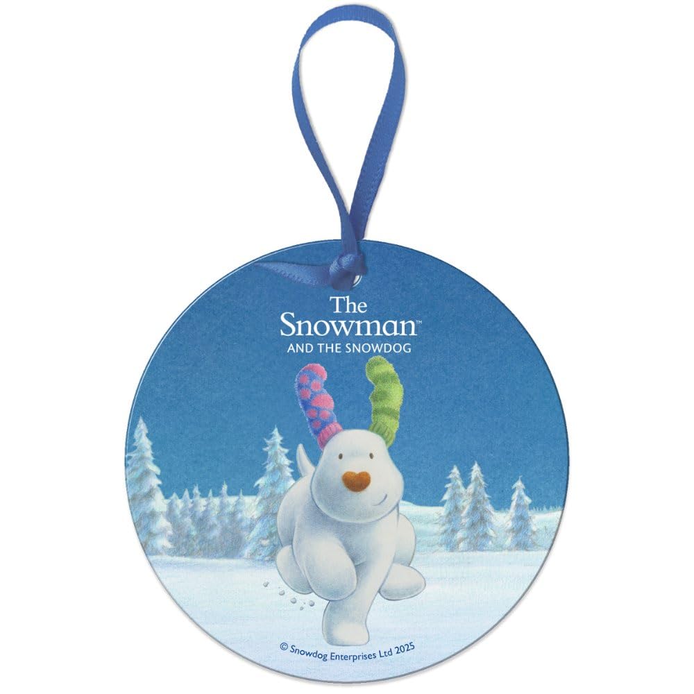 Round Metal Dangler Ornament Sign (75 mm Diameter) - The Snowman and the Snowdog (Snowdog Running)