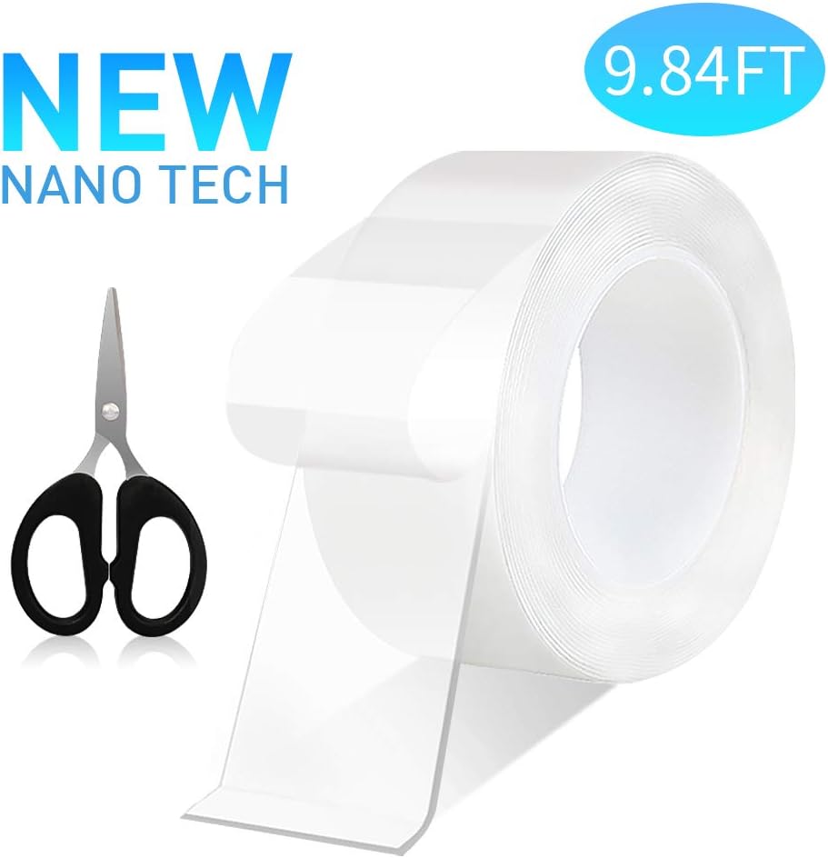 Super Sticky Magic Nano Adhesive Tape Multi-function Transparent Double-sided Tape with Scissors, Anti-slip Traceless Washable Gel Pad Tape for Paste Photos, Kitchen tools, Fix Carpet Mats(9.84 ft)