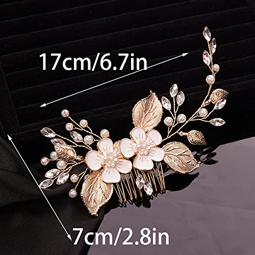 Teyglen Crystal Flower Leaf Bride Wedding Hair Comb Gold Leaves Rhinestone Headband Hair Pieces Bridal Side Hair Comb Hair Accessories For Women Girls Bridesmaid #TOP4