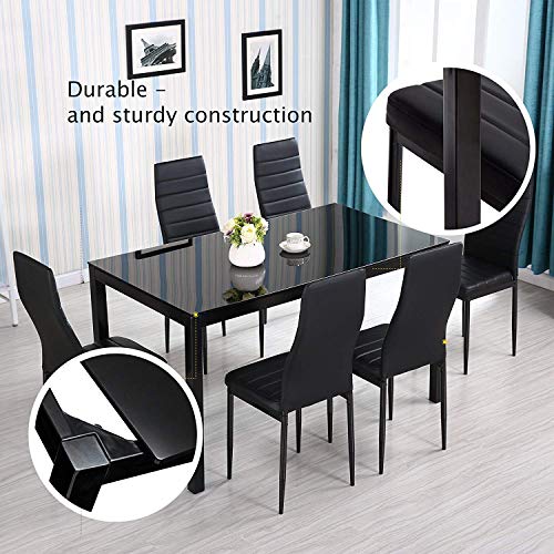 mecor 7-Piece Glass Kitchen Dining Table Set, Glass Top Table with 6 Faux Leather Chairs Breakfast Furniture,Black
