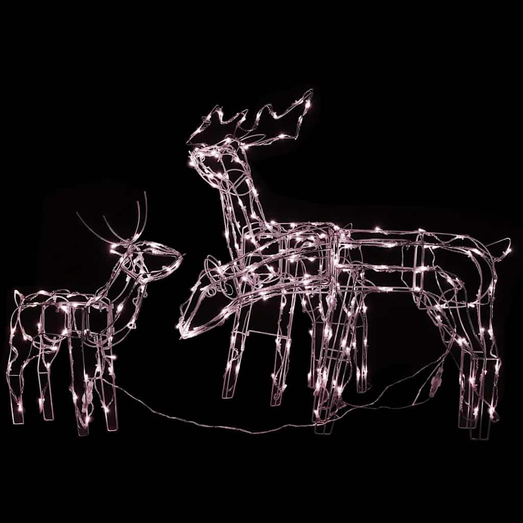 Świąteczny wyświetlacz świetlny, ciepła biel LED, rodzina reniferów LED, rama z PCW i stali, kabel 500 cm, wtyczka USB 5 V, do wnętrz, na zewnątrz, do ogrodu i balkonu, 3-częściowy zestaw