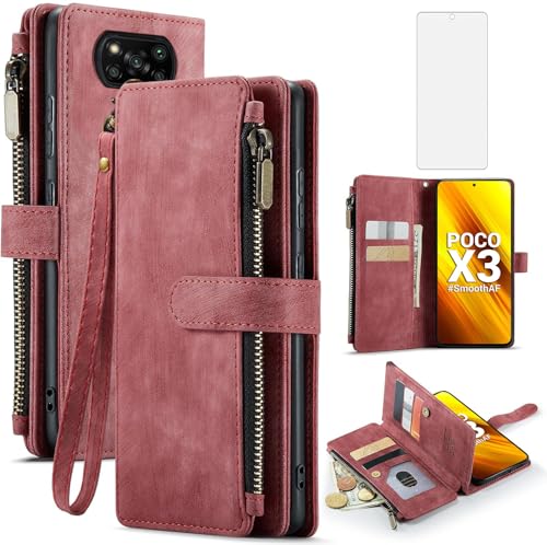 Coque Poco X3 NFC avec portefeuille en cuir PU rouge et protection écran en verre trempé