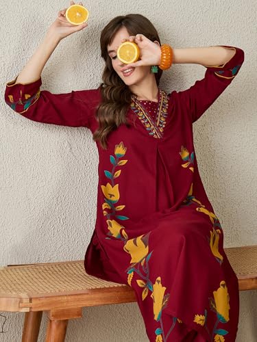 Image of INDO ERA Women's Viscose Rayon Floral Printed A-Line Kurta & Palazzo Set