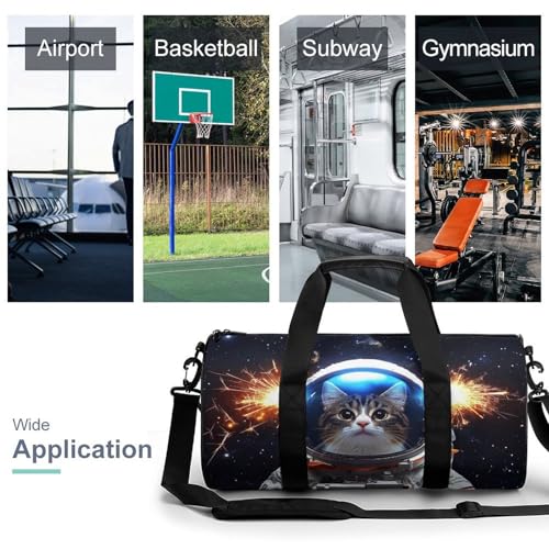 Cute Cat in Astronaut Suit Travel Gym Bag for Women Men Cylindrical Duffle Bag Sport Workout Bag with Shoulder Strap3