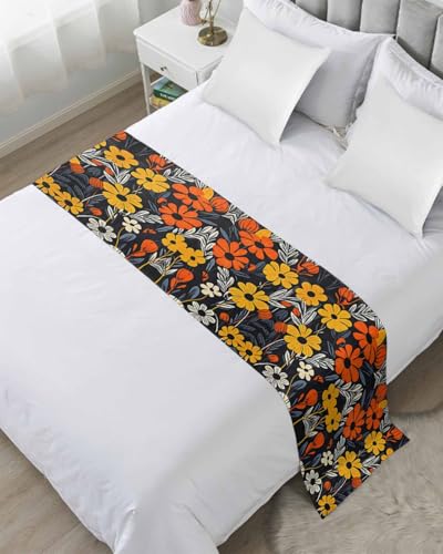 Orange Yellow Black Botanical Bed Runner for Full/Queen Size, Floral Modernism Spring Bedspread Protector Slipcover Bed Scarf for Foot Runners & Scarves for Bedroom Hotel Wedding Room 83x20 Inches
