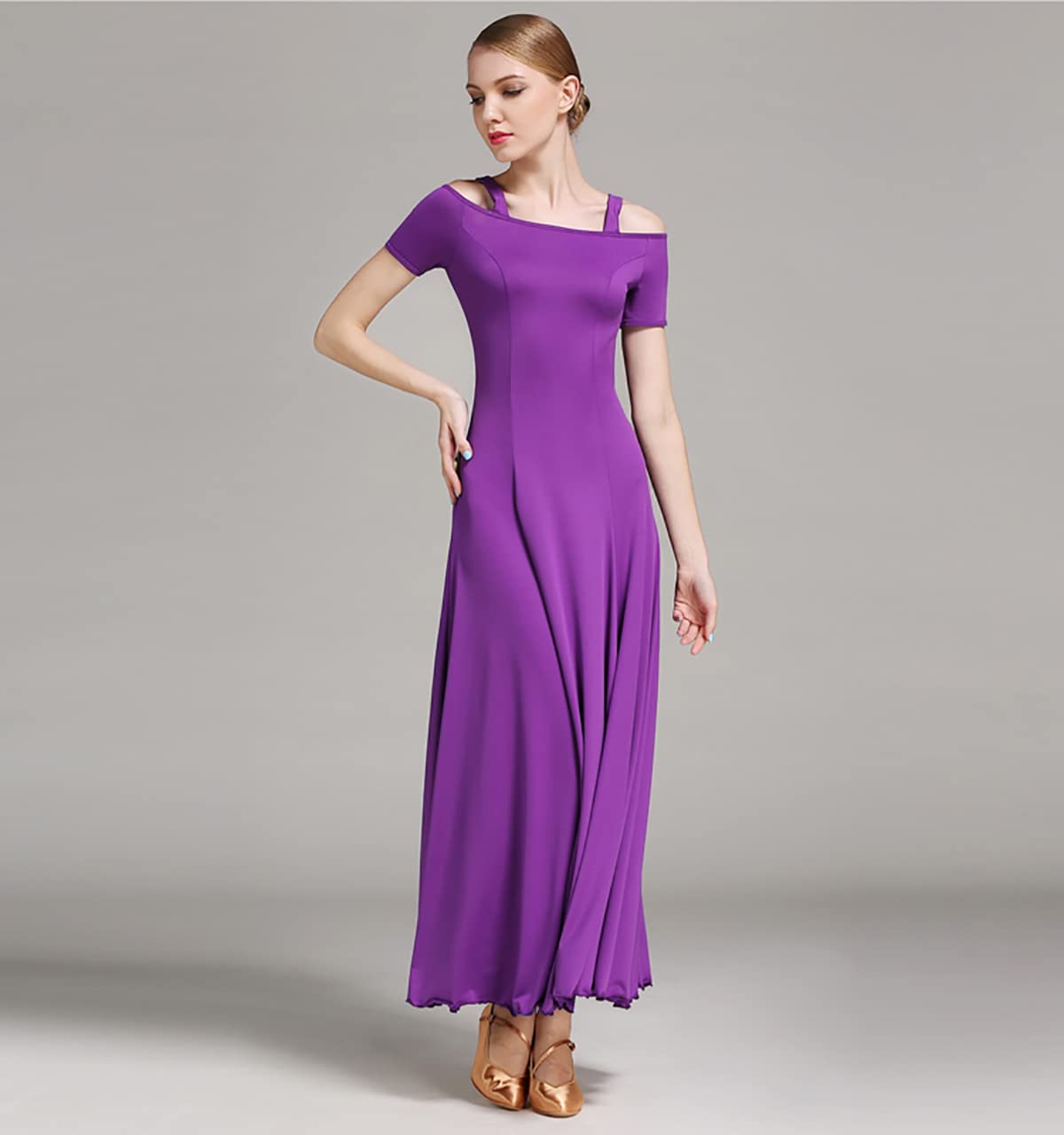 Kobieta? moda seksowna sukienka na ramię solidna długa sukienka na imprezę elegancka sukienka nowoczesna walc ubrania do tańca balowego taniec duża spódnica swingowa odzież performance (XXL, fioletowy)