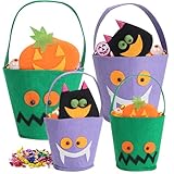 Halloween Trick or Treat Basketβ, 4 Pack Handmade Non-Woven Candy Tote Bags with 3D Plush Halloween Characters,2 Sizes, Kids Trick or Treat Bag & Mini Decorative Favor Bag, Pumpkin, Black Cat, Mummy & Frankenstein Designs (Purple & Green)