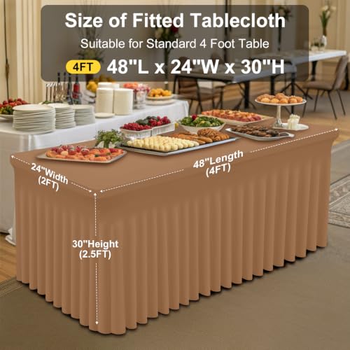 Image of Smiry Spandex Elastic Fitted Table Cloth Skirt for 4FT Rectangle Table | Stretch Washable Table Cloth, Banquet Table Cover for Wedding, Party, Indoor & Trade Shows, (Khaki, 48Lx24Wx30H)