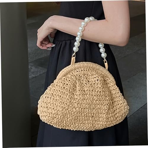 Straw Purse Cloud Dumpling Bag Elegant Woven Purse with Pearl Handle and Shoulder Strap Handbag Crossbody Bags for Women Summer Beach Travel Dating Beige, Straw, Christmas Decor3