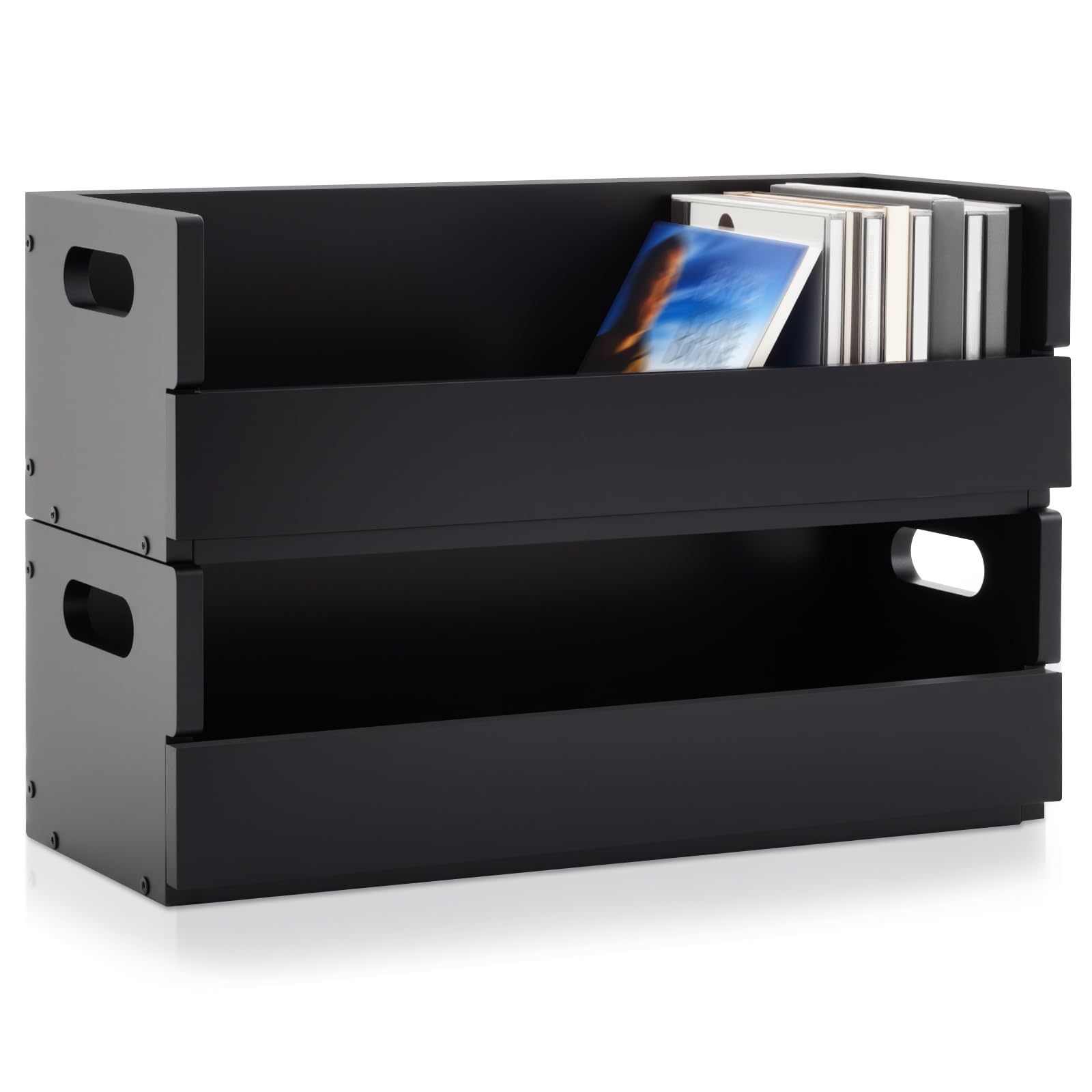 CroBlissful Juego de 2 soportes de madera para cajas de almacenamiento de CD, soporte de exhibición de cinta de casete con asas de transporte, estante organizador para fundas de películas, DVD