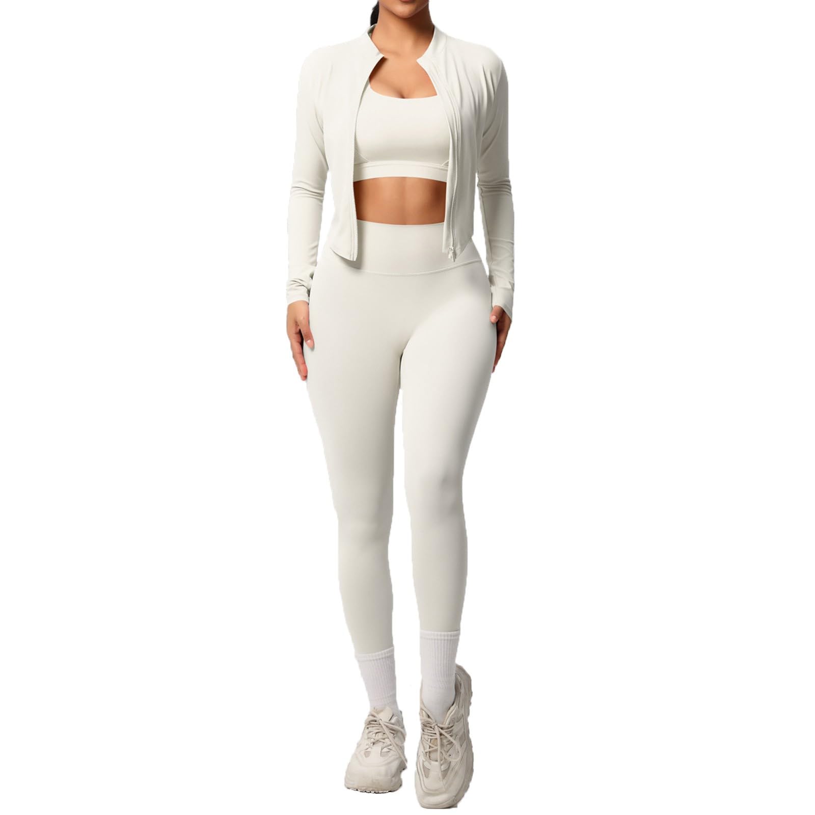 2026 Damen Jogginganzug 3 Stück Einfarbig Slim Fit Crop Top und Langarm Für Laufen Fitness Strickjacke und Leggings Für Yoga, Sport, Sportswear Sets Gymnastik Zuhause