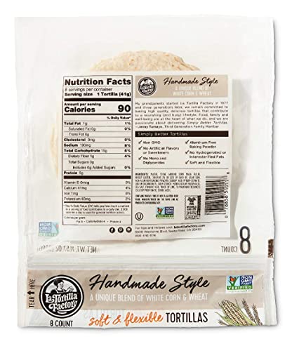  Handmade Style White Corn & Wheat Tortillas by La Tortilla Factory, Perfect for Picnics and Quick Snacks, Flavorful and
