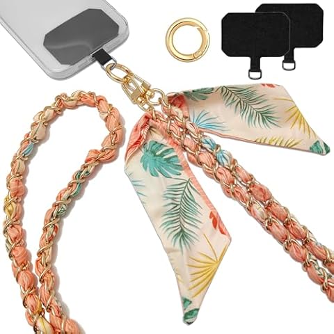 Nalefow Phone Lanyard Stylish Metal Silk Scarf Phone Charms Crossbody Phone Strap Crossbody Phone Lanyard for Phone Purses Charms (Pink Leaves) Cover