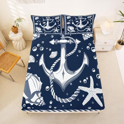 Image of jejeloiu Nautical Theme Bed Sheets Sets Full Size Kids Boys Girls Compass Anchor Decor Bedding Set Ocean Shells Starfish Bed Sheet Set with 16-Inch Deep Pockets 4Pcs with 2 Pillow Cases