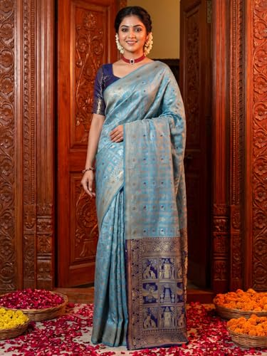 Image of AKHILAM Women's Kanjivaram Pure Soft Silk Saree For Women Saree With Unstitched Blouse Piece |Soft banarasi saree for women|silk saree pure silk