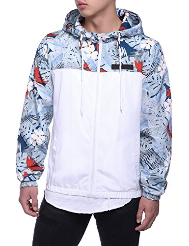 HEQU Men's Floral Hooded Windbreaker Lightweight Zip-Up Jacket with Pocket White XL