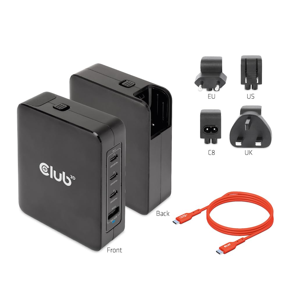 Club 3D CAC-1917 - Caricabatterie da viaggio 140 W, tecnologia GaN, USB tipo A (1x) e tipo C (3X), PPS + Power Delivery (PD) 3.1