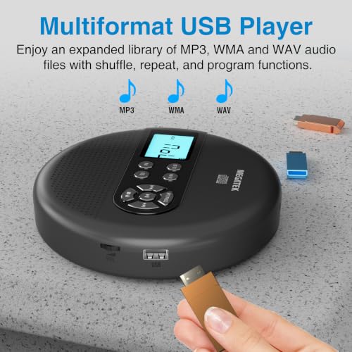 Image of MEGATEK Portable CD Player with Bluetooth RX /TX, FM Transmitter & USB | Car FM Compatible, Built-in Stereo Speakers, Large LCD Display, AUX Output, Headphone Jack, Anti-Skip, Rechargeable Battery