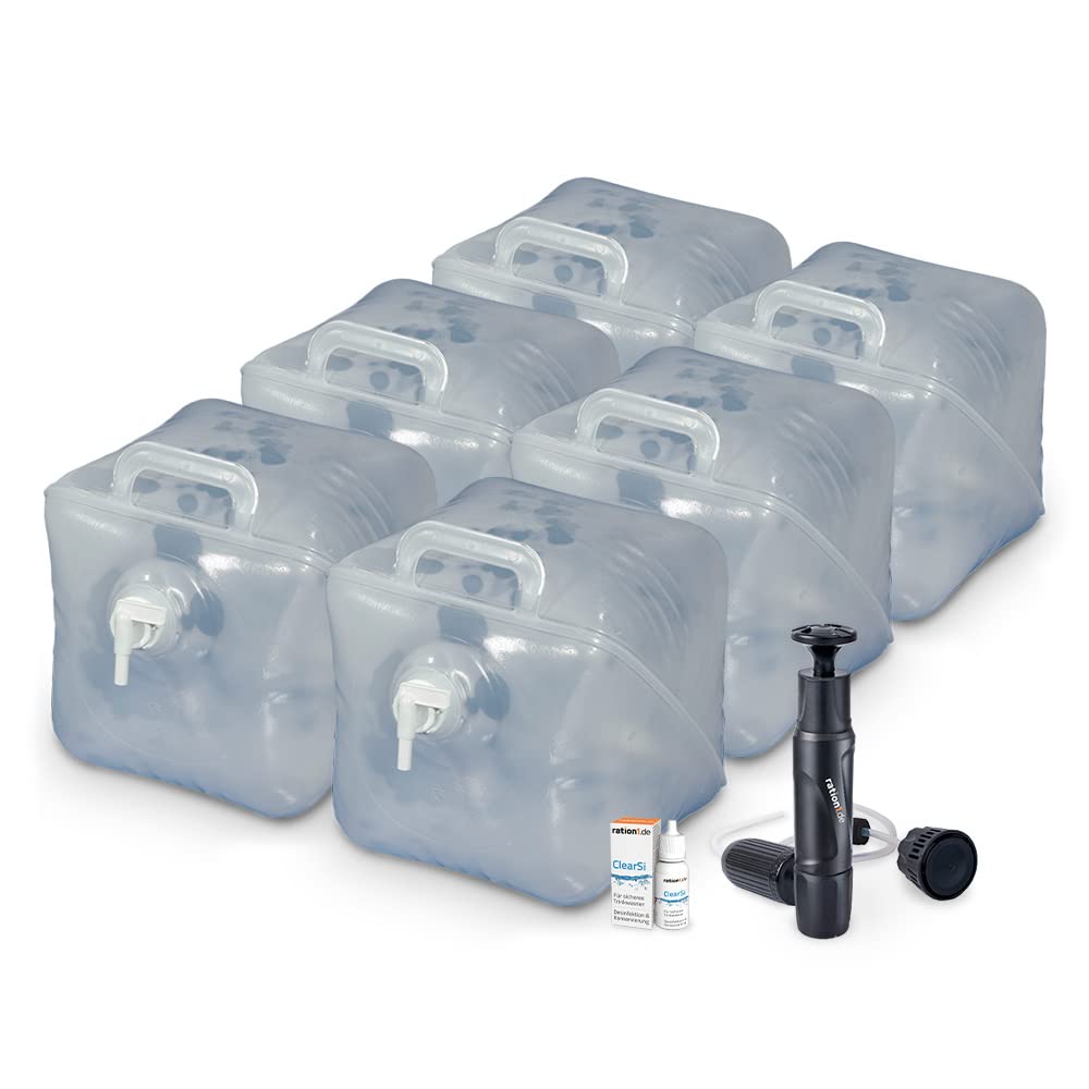 ration1 Wasserfilter, ClearSi Wasseraufbereitung 12ml, 5X Faltkanister 20L | Wasserkanister faltbar, tragbar, lebensmittelecht, BPA frei, 120 Liter Trinkwasser filtern, desinfizieren, konservieren