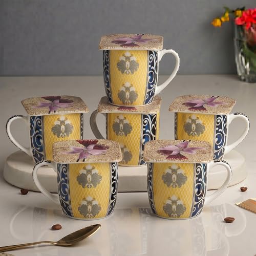 Image of U.P.C. Premium Bone China Ceramic Coffee Mug Set of 6 with 6 Coasters | Designer Tea & Coffee Cups |Printed Ceramic Mug Set | Tea Cups for Home,Office.