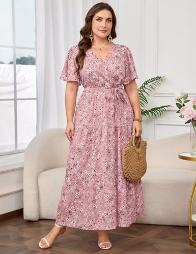 Image of ShopWonder Womens Plus Size V Neck Wrap Maxi Dress High Waist Ruffle Summer Casual Dress with Belt