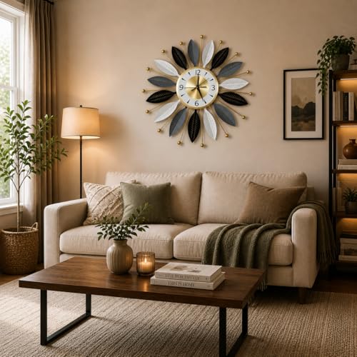 Image of FUNTEREST Large Metal Decorative Wall Clock for Living Room | Luxury Sunburst Leaf Design Wall Clock | Multicolor Vintage Finish | Silent Quartz Movement | Home, Bedroom & Office Wall Decor (55X55)